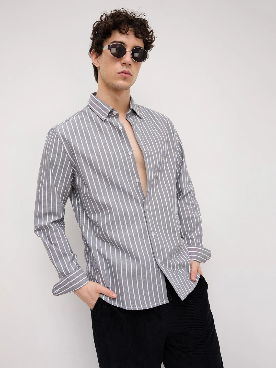 Monochrome Pinstripe Button-Down Collar Oxford Shirt