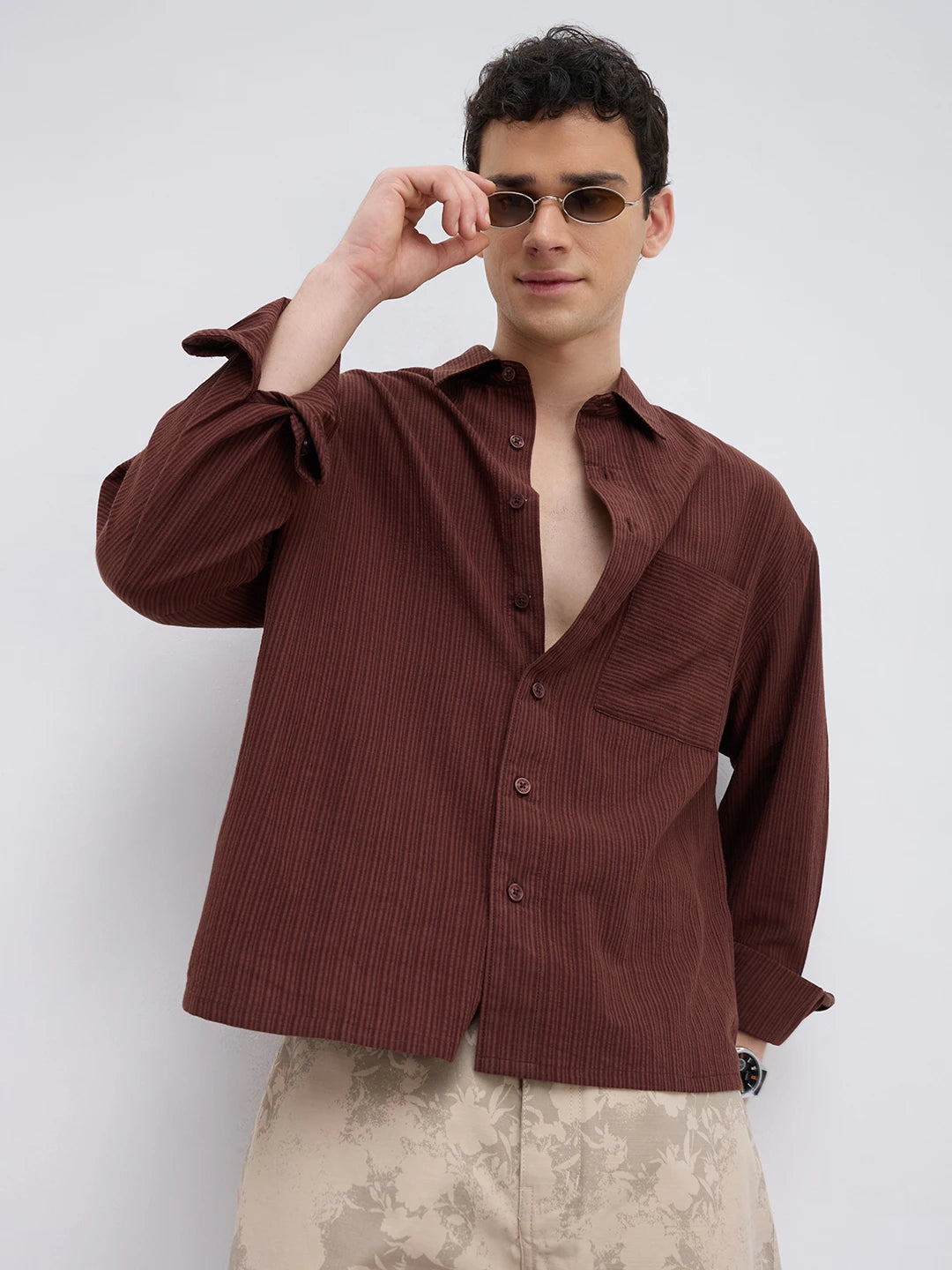 Elegant Coffee Brown Striped Boxy Fit Crop Shirt
