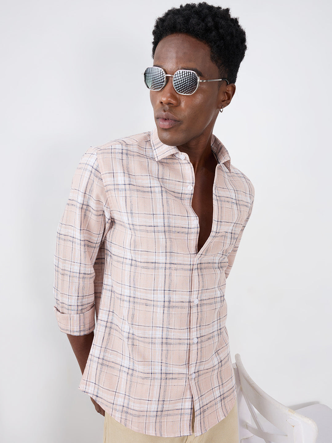 Dusty Pink Contrast Plaid Checks Textured Shirt