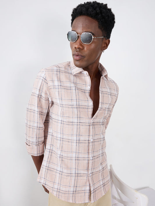 Dusty Pink Contrast Plaid Checks Textured Shirt
