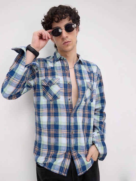 Luxe Denim Contrast Plaid Checks Twin Pocket Shirt