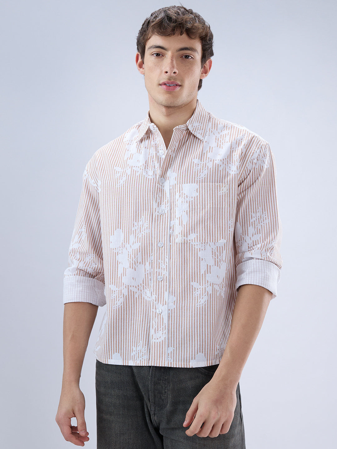 Brown & White Contemporary Floral Boxy Fit Crop Shirt