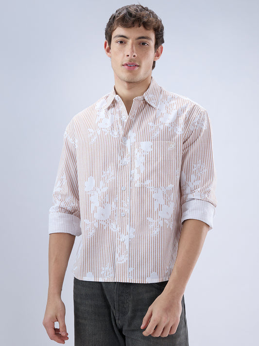 Brown & White Contemporary Floral Boxy Fit Crop Shirt
