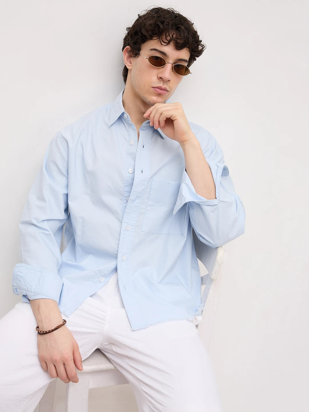 Carolina Blue Fine Textured Frayed Boxy Fit Crop Shirt