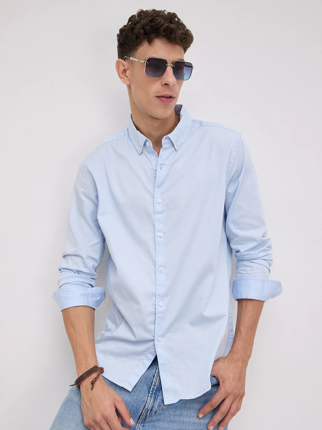 Bluemist Button-Down Collar Satin Shirt