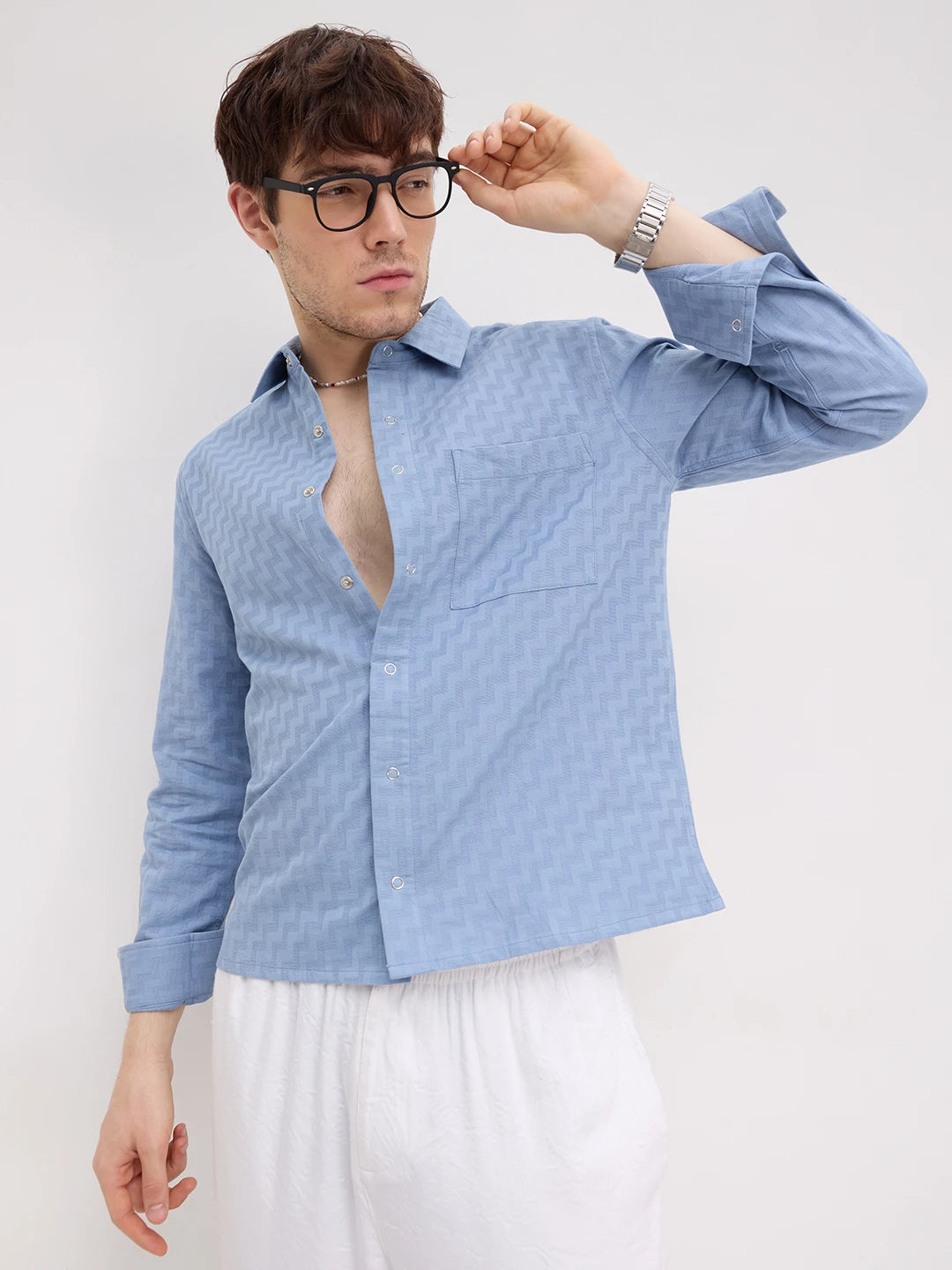 Elevated Blue Maze Textured Straight Hem Crop Shirt