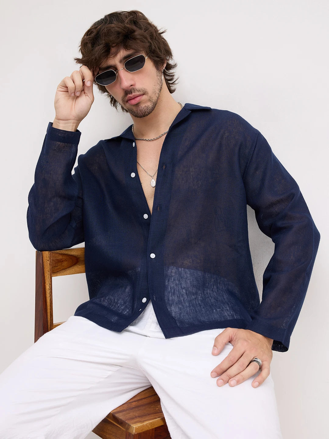 Navy Sheer Textured Notch Collar Oversized Shirt