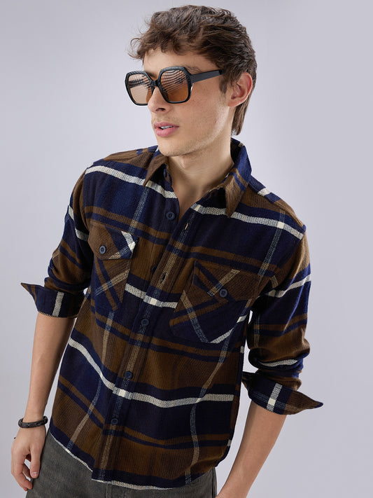 Walnut Brown & Navy Plaid Checks Double Pocket Flannel Shirt