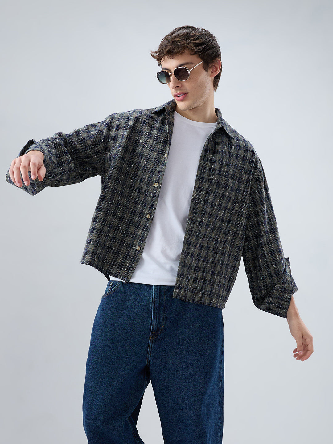 Riwaayat Glossy Olive Checked Oversized Crop Shirt