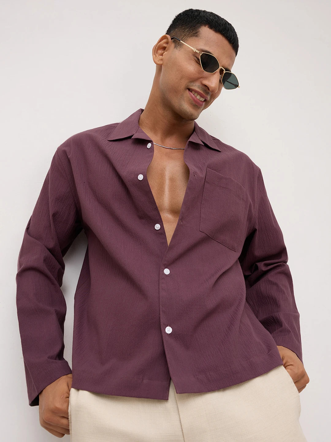 Purple Fine Textured Oversized Notch Collar Shirt
