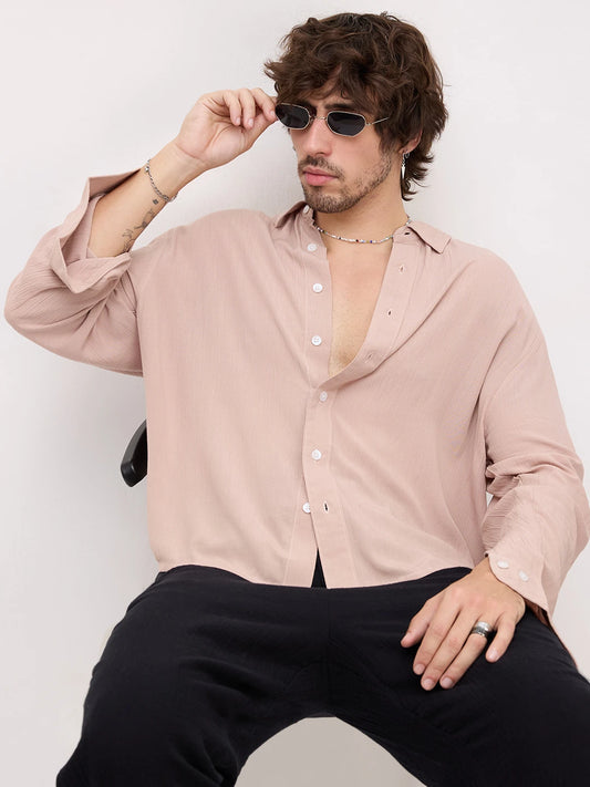 Warm Beige Crepe Textured Boxy Fit Shirt