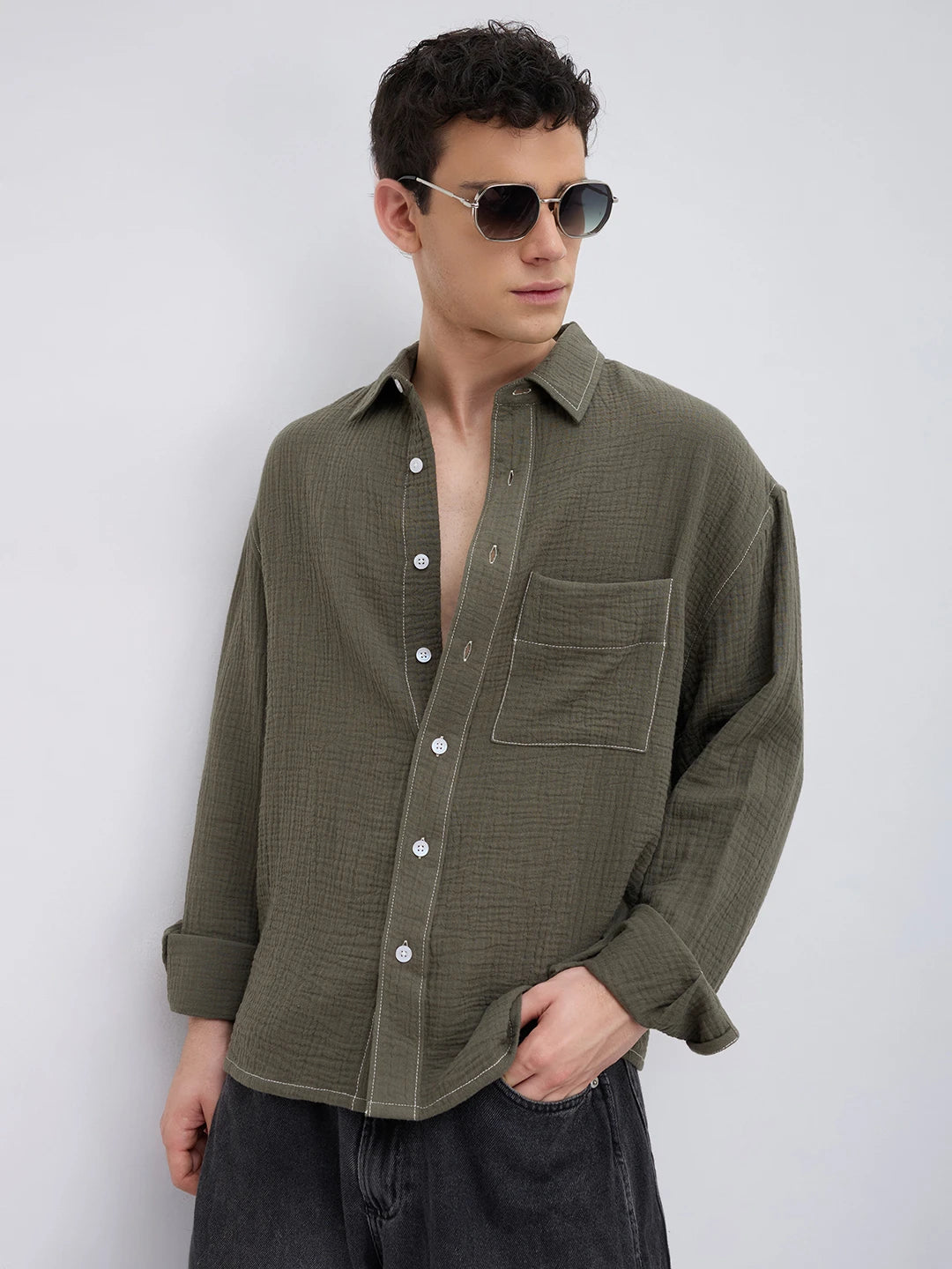 Muted Olive Contrast Stitch Double Cloth Boxy Fit Crop Shirt