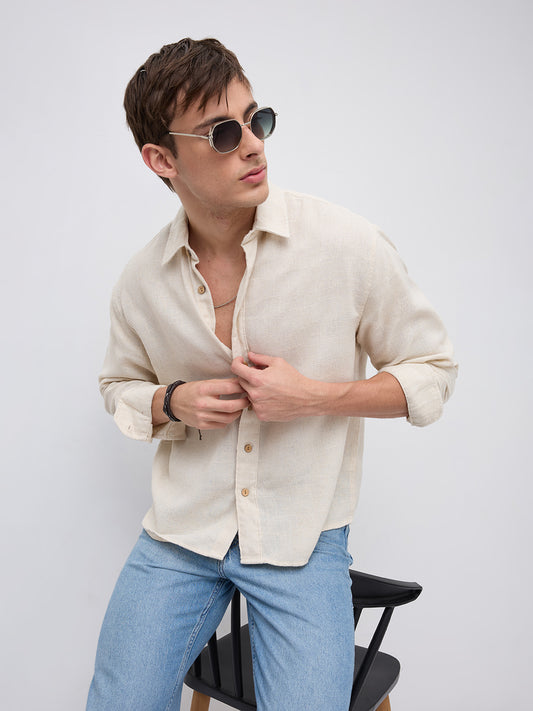 Natural Beige Grain Loom Linen Blend Boxy Fit Crop Shirt