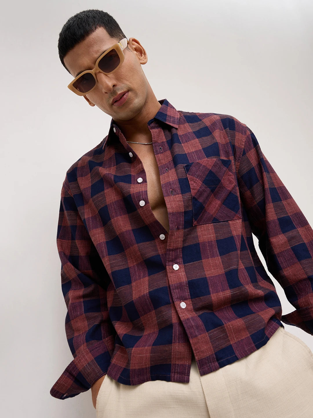 Autumn Navy & Brown Block Checks Boxy Fit Crop Shirt