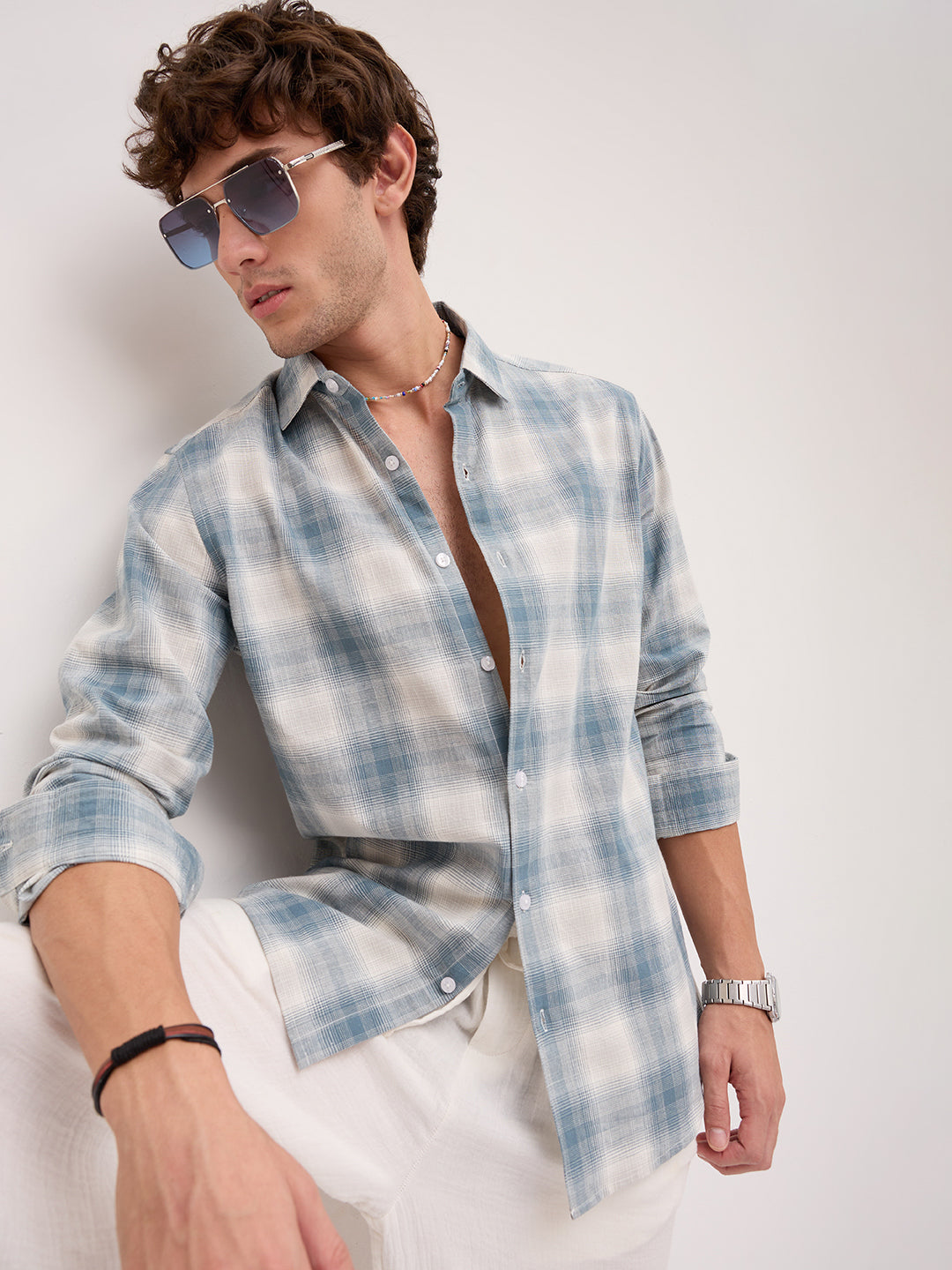 Premium Slate Blue & White Linen Blend Plaid Checks Shirt