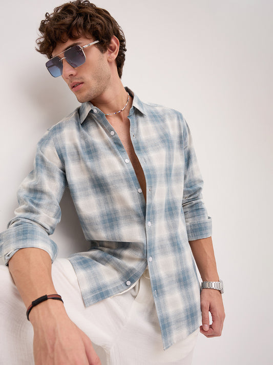 Premium Slate Blue & White Linen Blend Plaid Checks Shirt