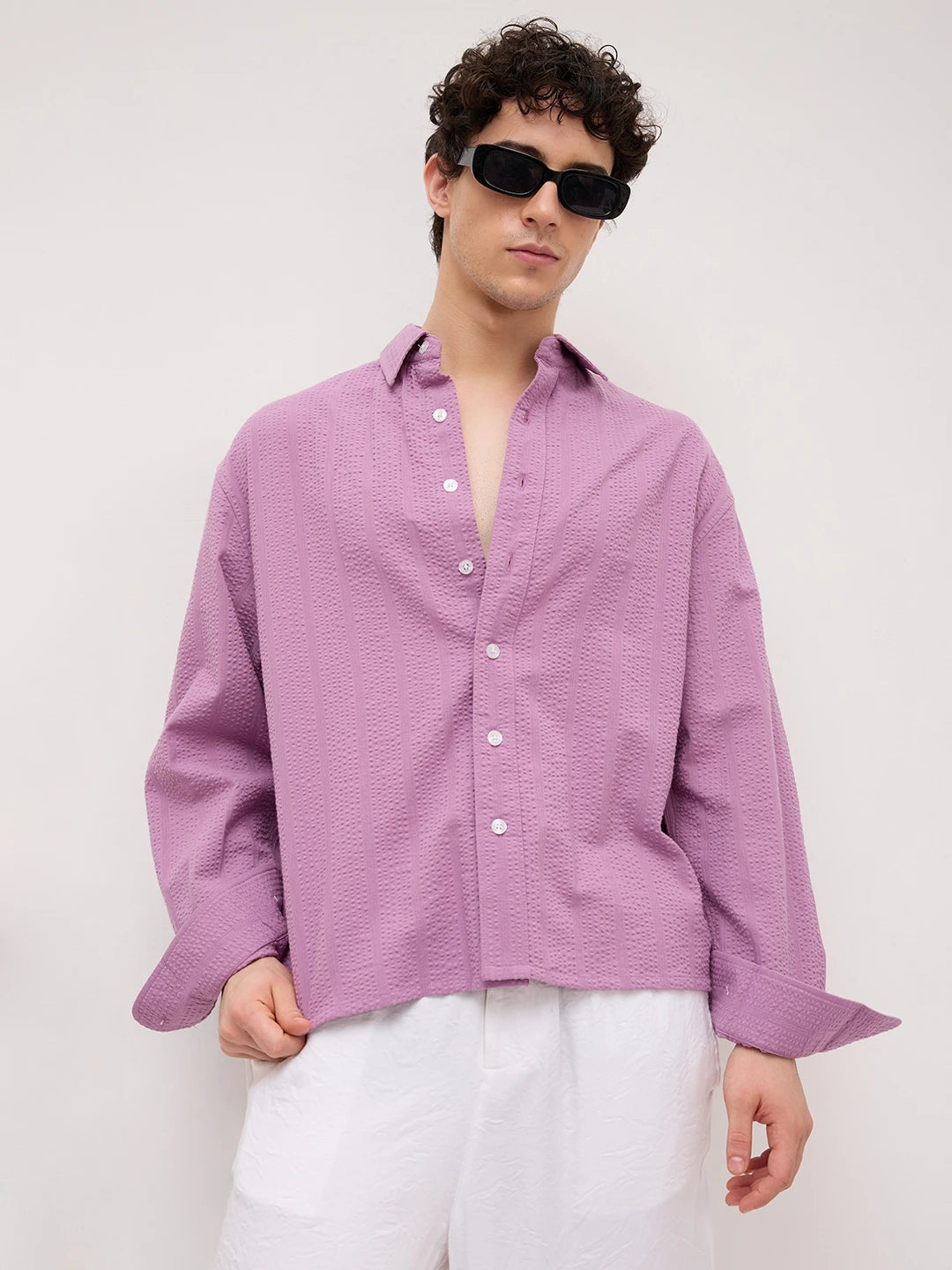 Luxury Purple Seersucker Striped Boxy Fit Crop Shirt