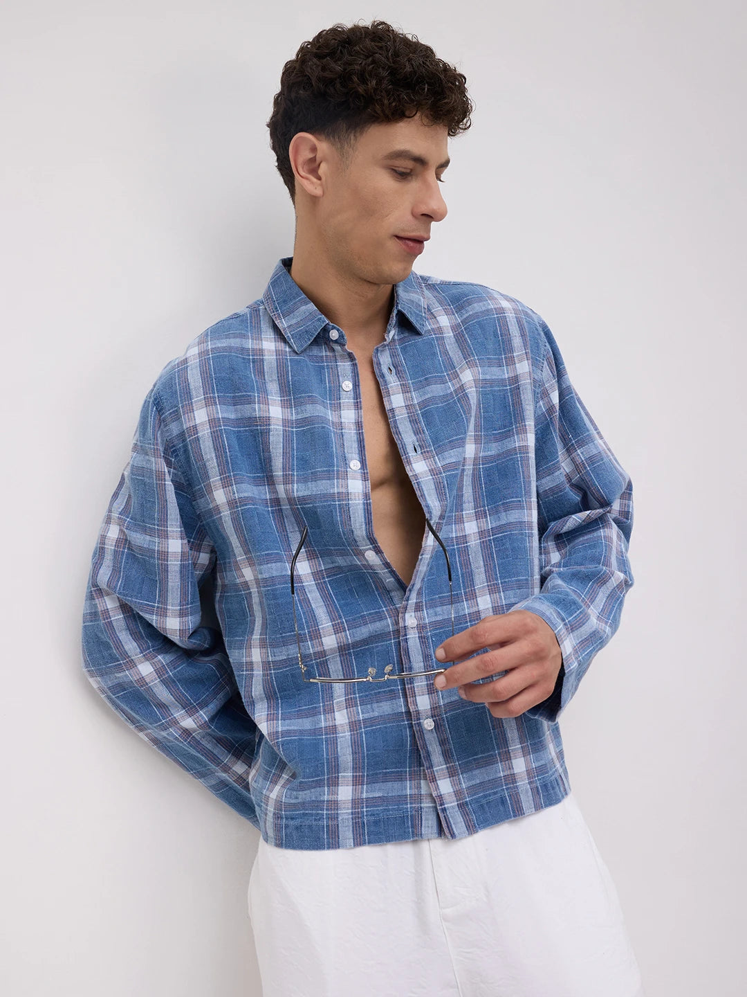 Timeless Denim Plaid Checks Cuffless Oversized Shirt