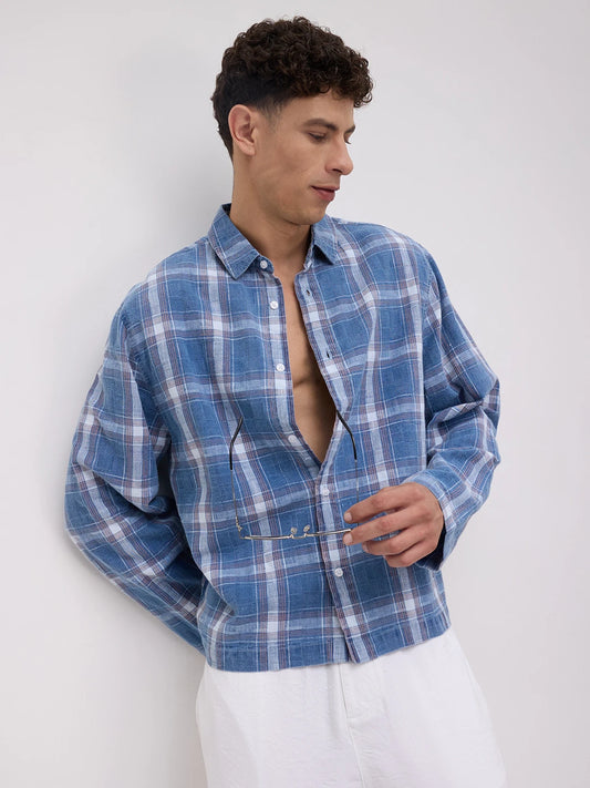 Timeless Denim Plaid Checks Cuffless Oversized Shirt