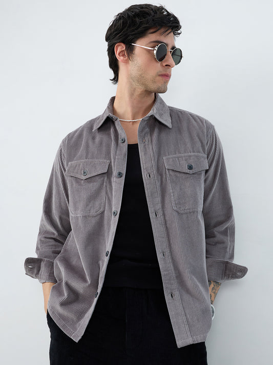 Cloud Grey Structured Corduroy Double Pocket Overshirt