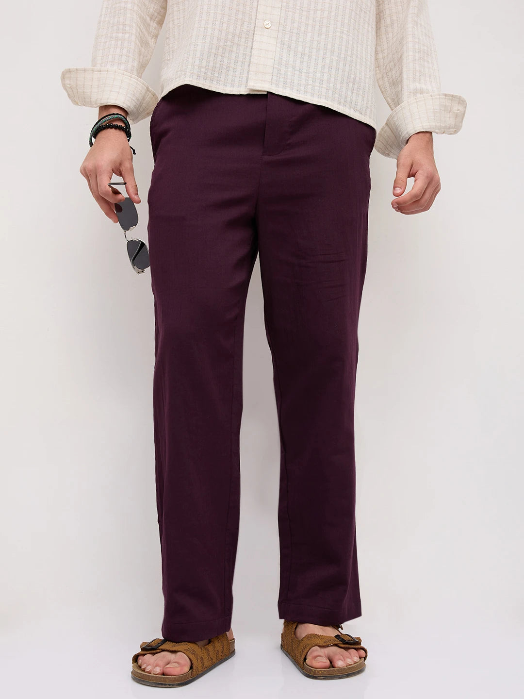 Rich Wine Fine Herringbone Textured Straight Fit Trousers