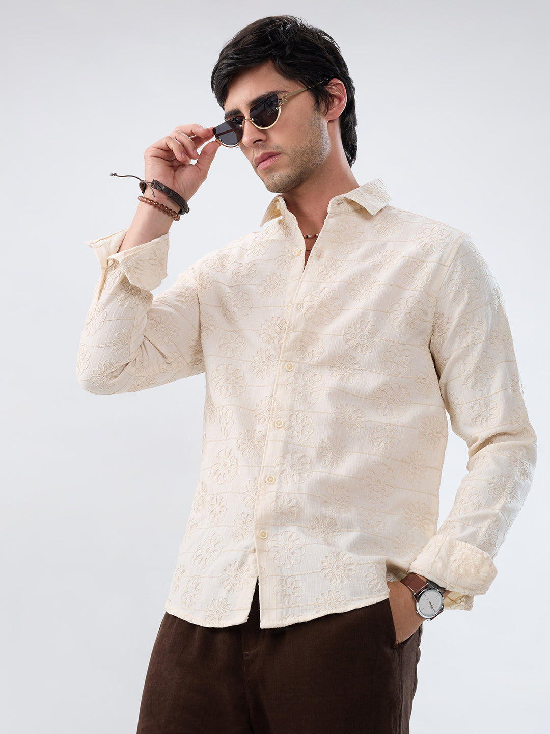 Serene Whispering Bloom Beige Embroidered Shirt