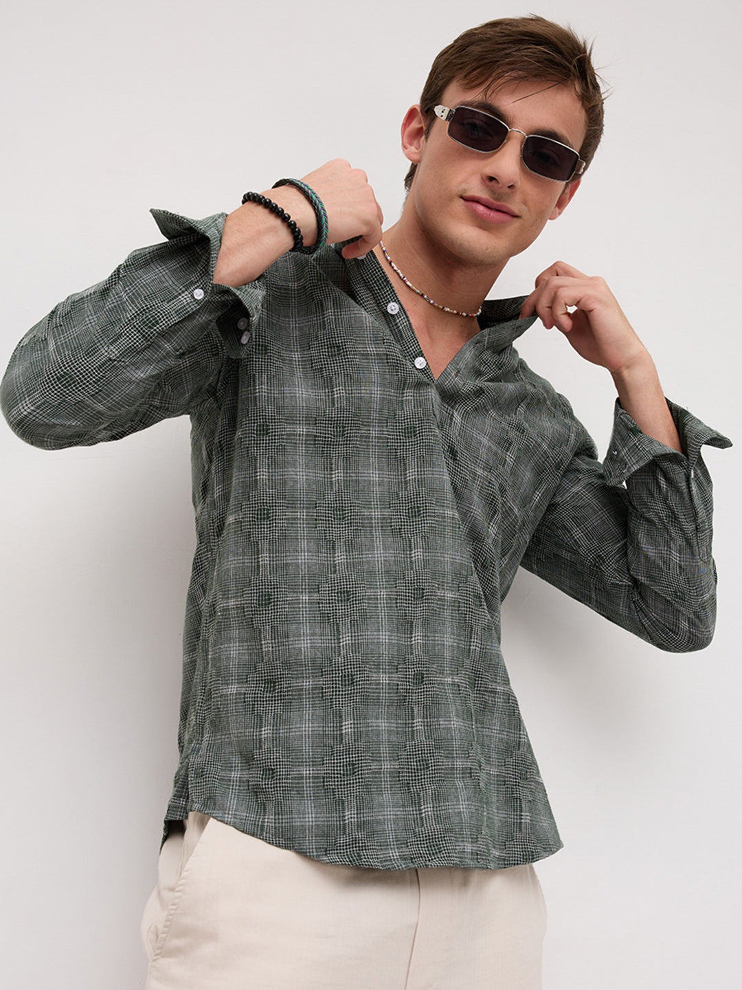 Green Glitch Micro Check Textured Matrix Everyday Kurta