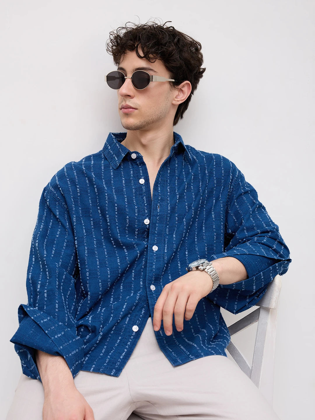 Luxe Denim Fine Textured Cuffless Oversized Crop Shirt