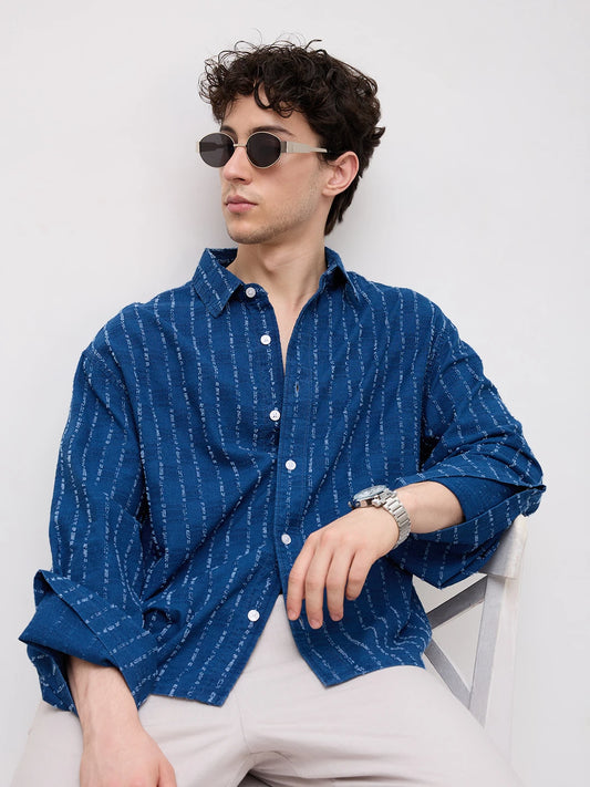 Luxe Denim Fine Textured Cuffless Oversized Crop Shirt