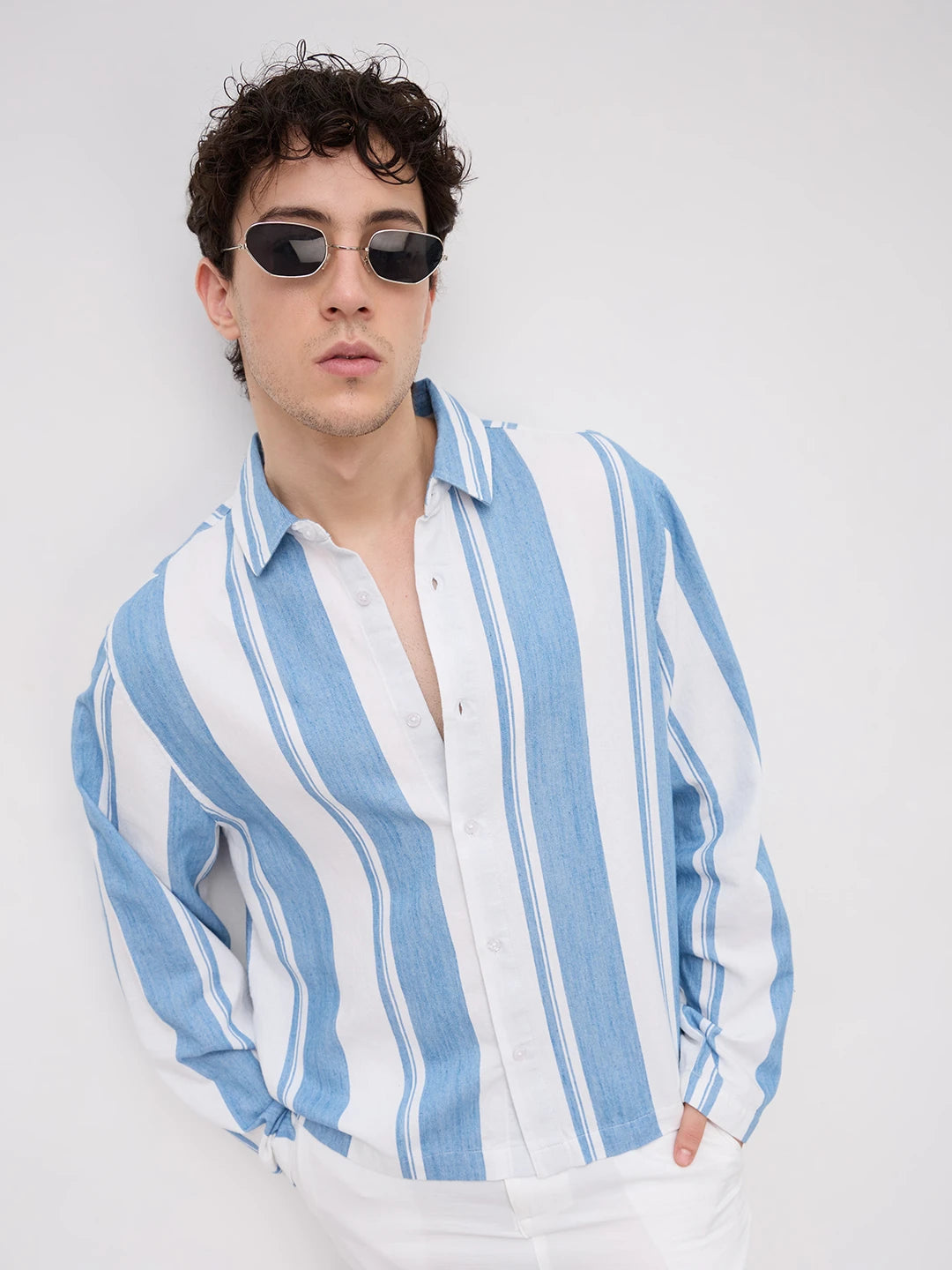 Denim Broad Stripes Oversized Cuffless Shirt