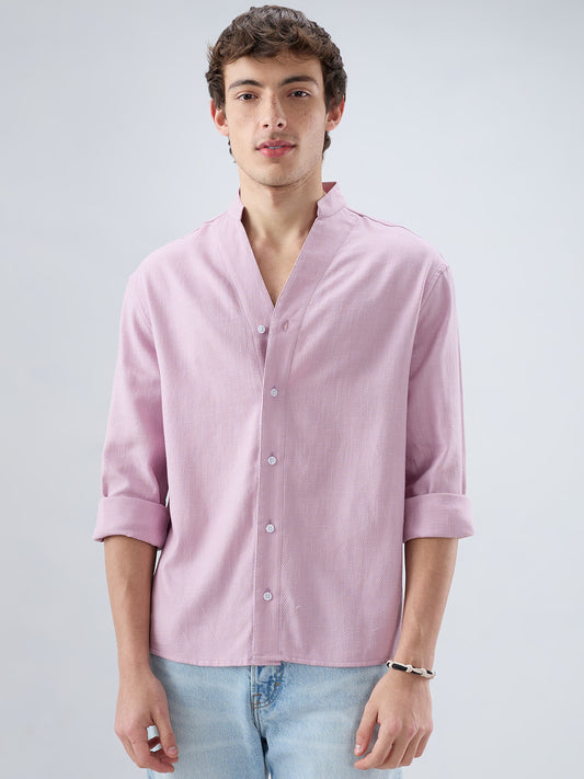 Powder Blush Pink Minimal Twill Textured Stand Collar Oversized Shirt