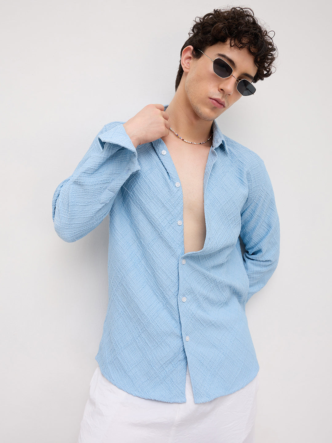 Blue Trellis Weave Textured Shirt