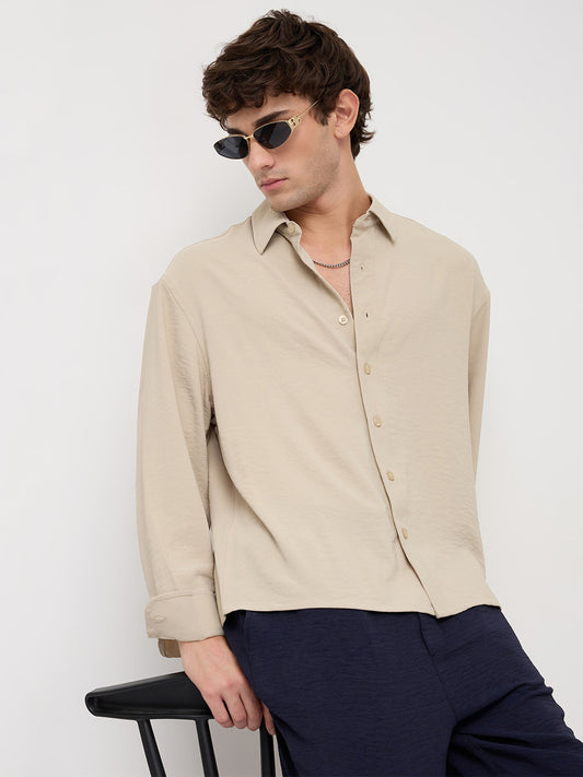 Sand Beige Velour Finish Boxy Fit Crop Shirt