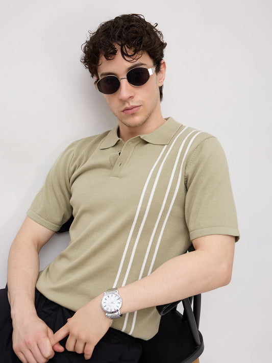 Sage Green Panel Striped Flat Knit Polo T-Shirt