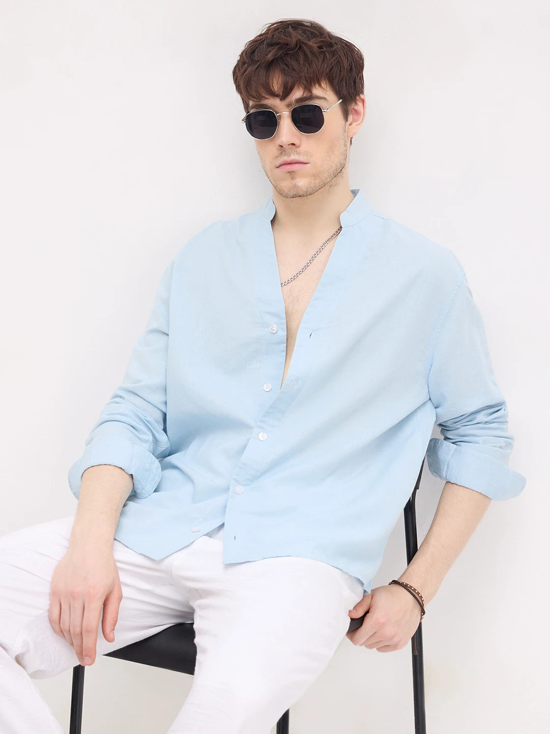 Rich Moring Blues Linen Blend Stand Collar Oversized Shirt