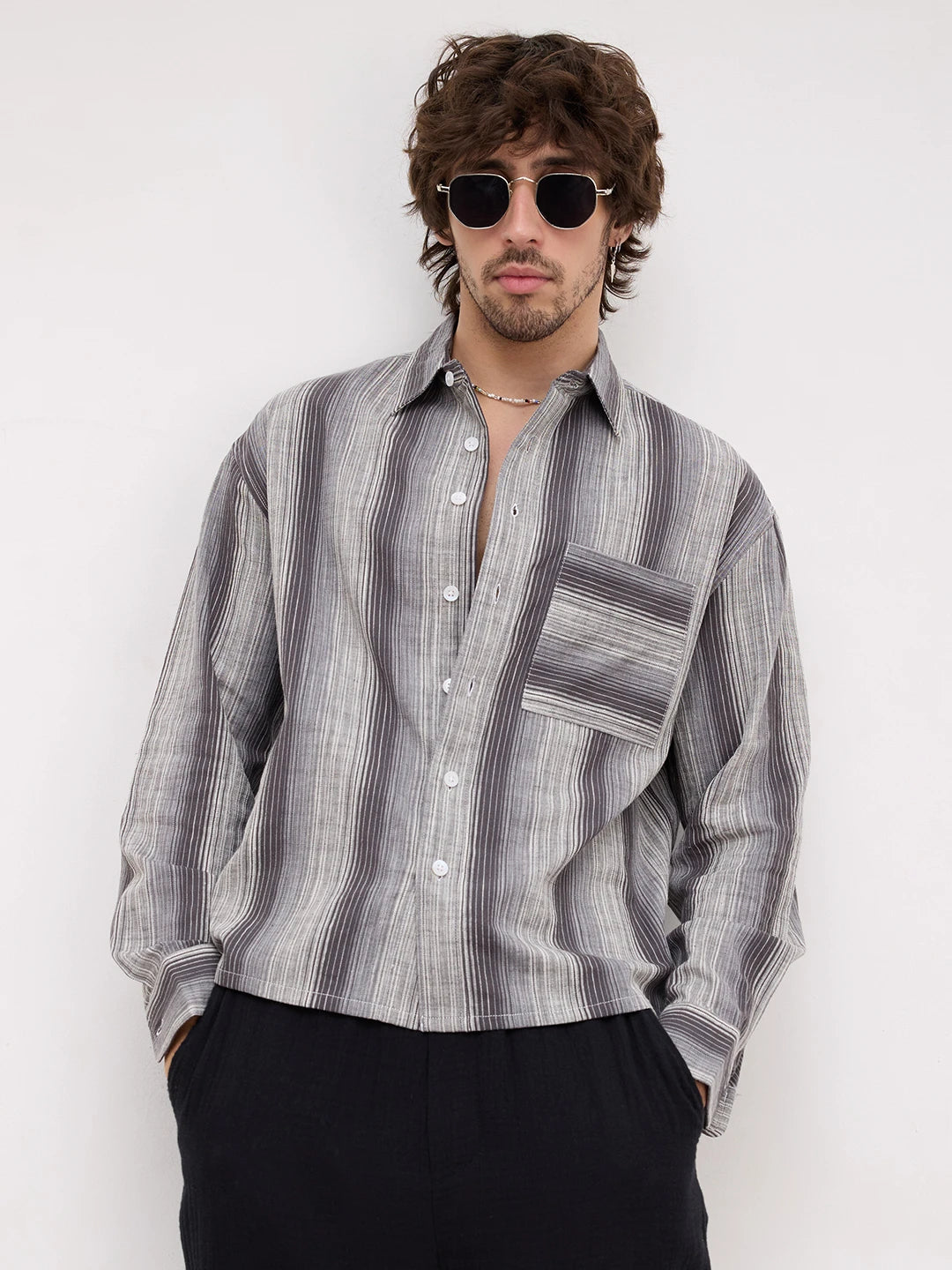 Grey Spectrum Microline Vertical Loom Boxy Fit Crop Shirt