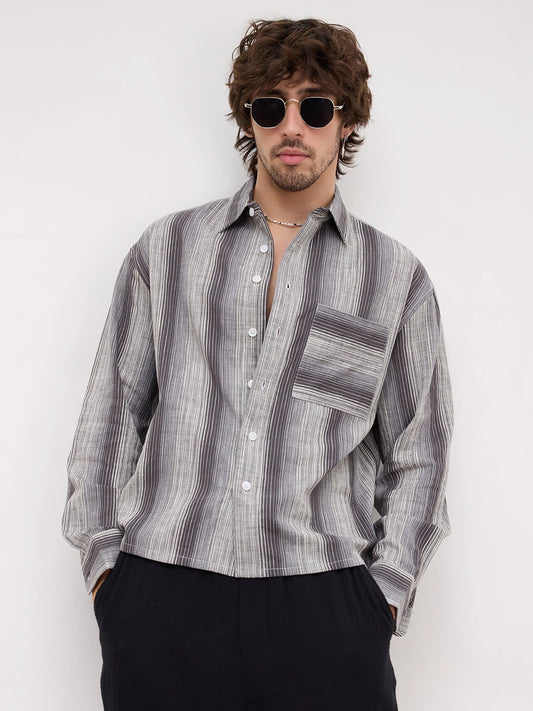 Grey Spectrum Microline Vertical Loom Boxy Fit Crop Shirt