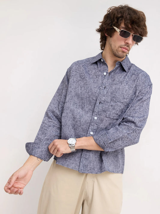 Navy Melange Textured Boxy Fit Crop Shirt