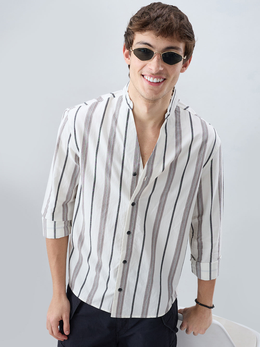 White Intricate Motif Contrast Striped Stand Collar Oversized Shirt