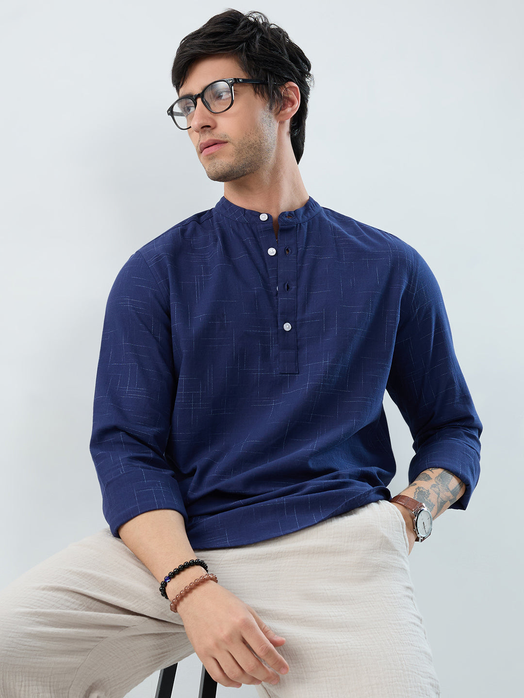 Minimal Night Blue Line Weave Kurta