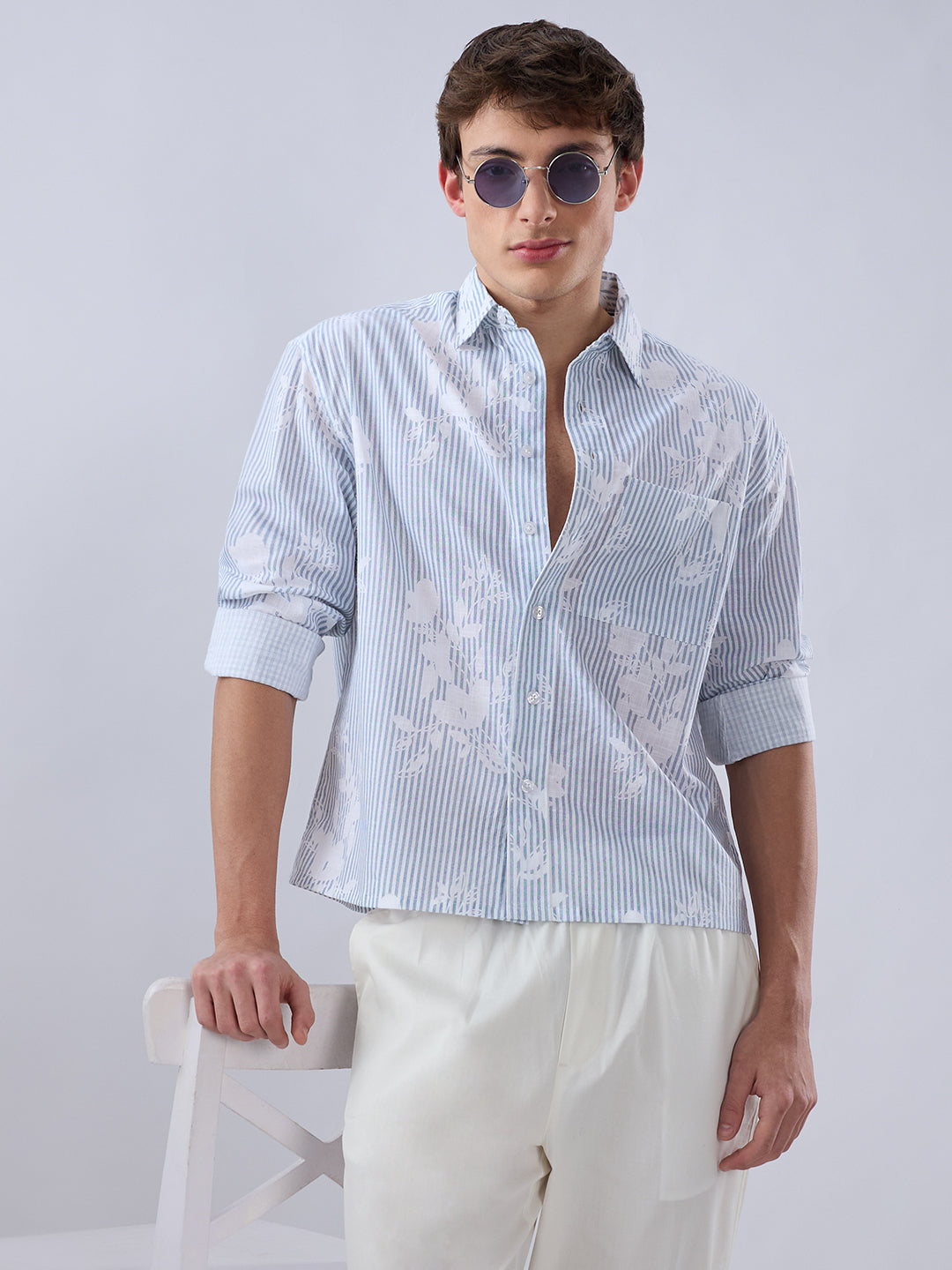 Blue & White Contemporary Floral Boxy Fit Crop Shirt