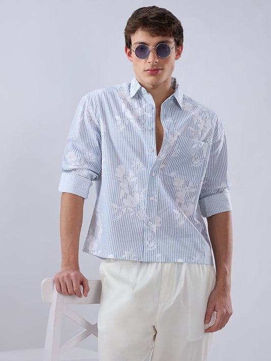 Blue & White Contemporary Floral Boxy Fit Crop Shirt