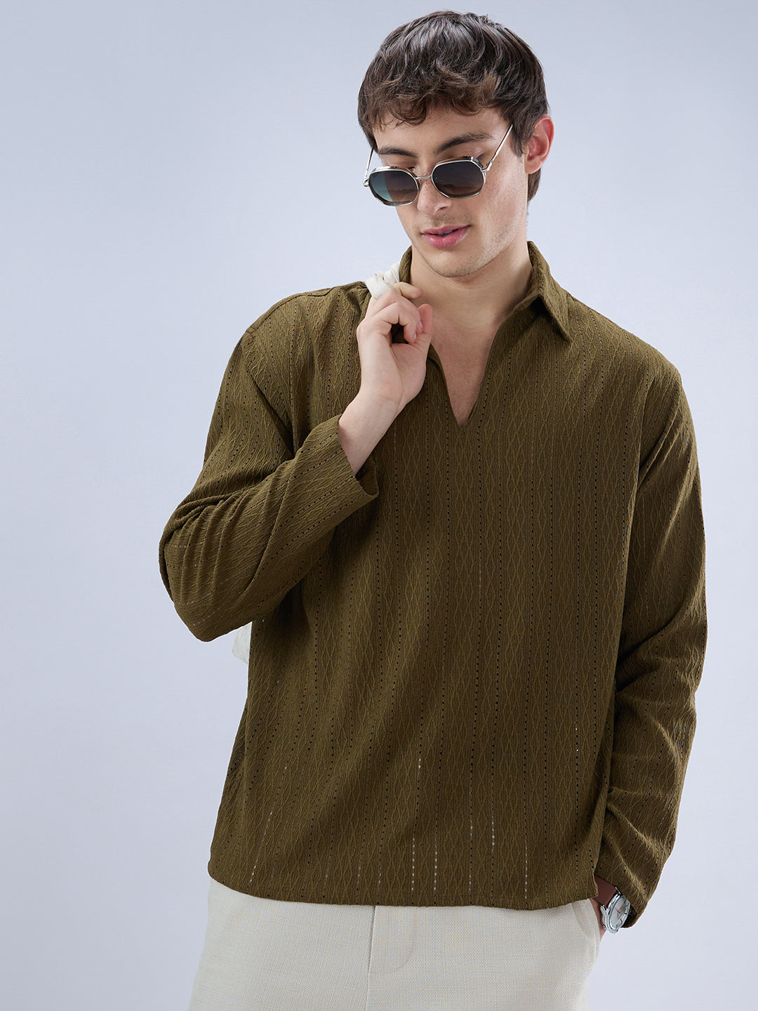 Olive Fine Lozenge Weave Polo Oversized Shirt
