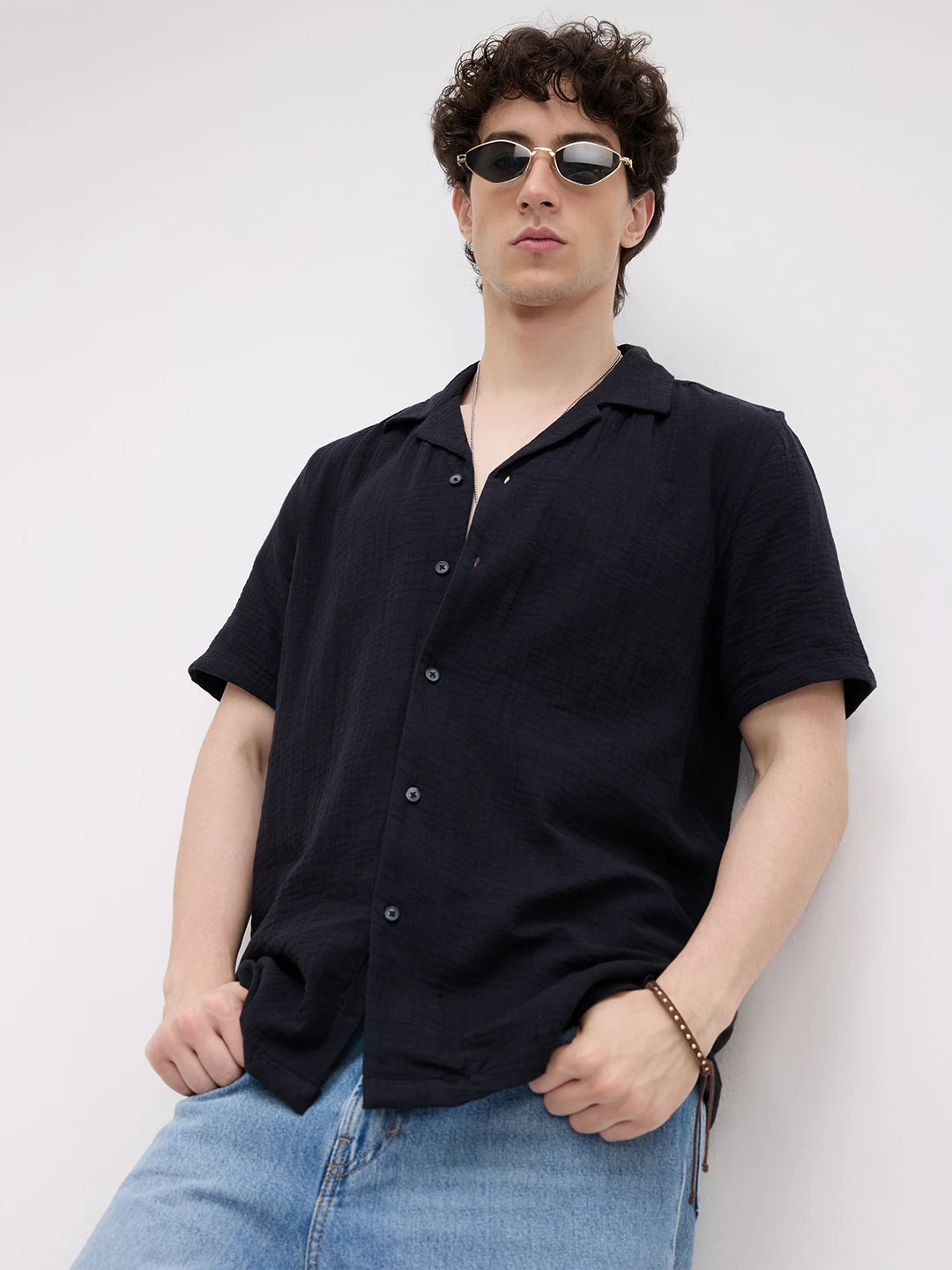 Black Double Cloth Notch Collar Oversized Shirt