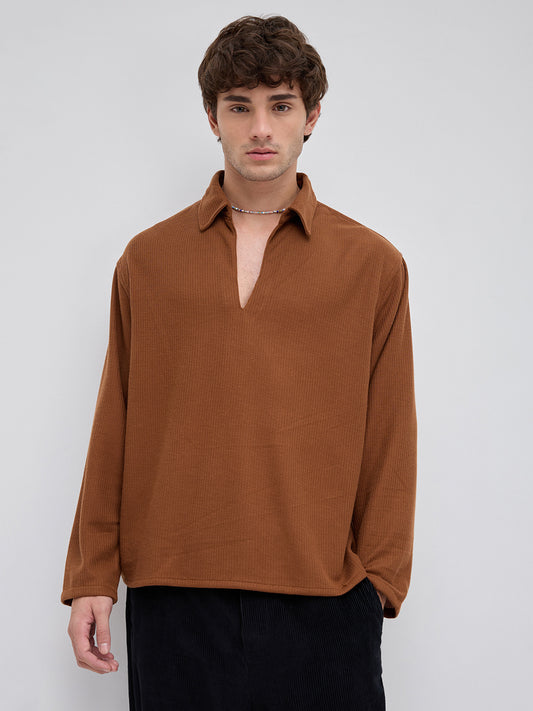 Brown Micro Weave Knitted Oversized Polo Shirt