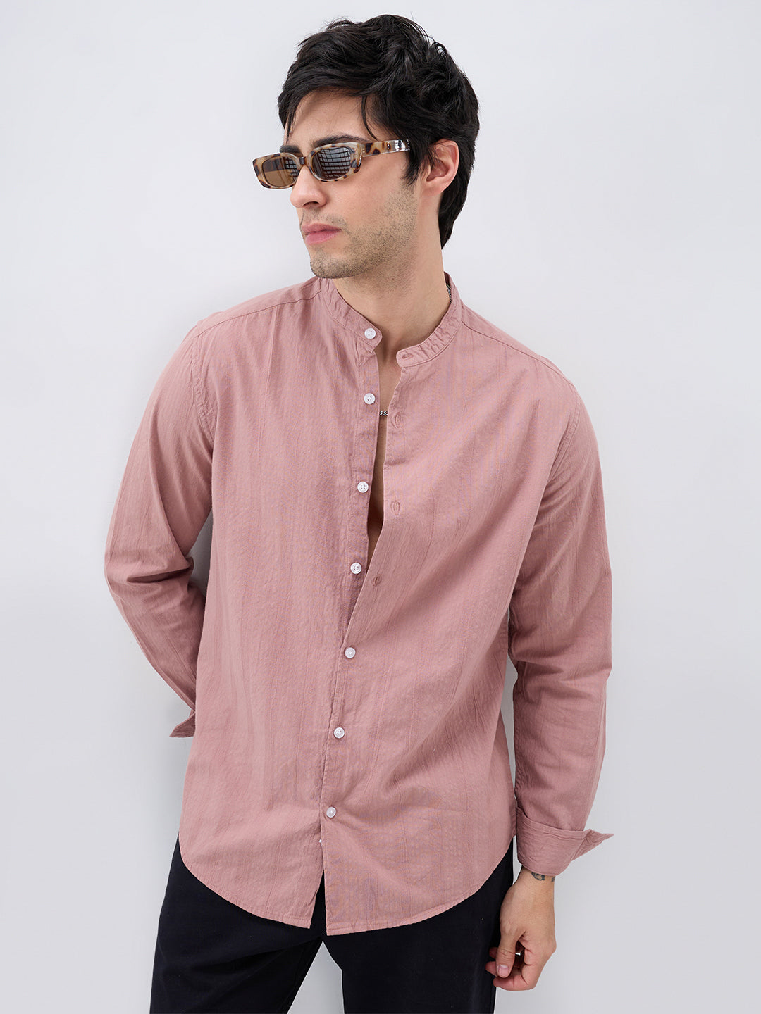 Deep Peach Seersucker Striped Mandarin Shirt