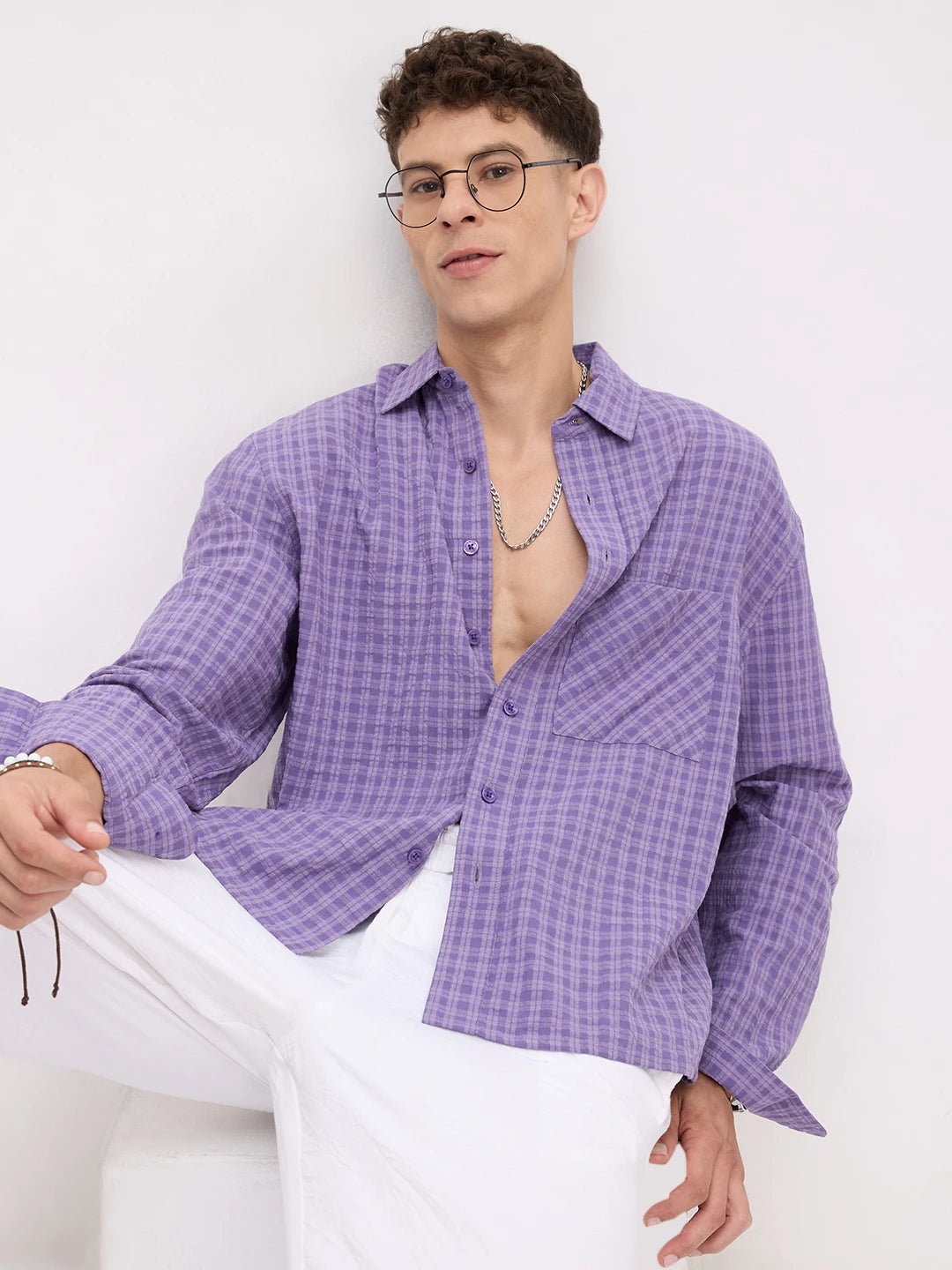 Purple Shadow Checks Boxy Fit Crop Shirt