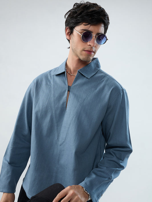Slate Blue Cuffless Oversized Shirt