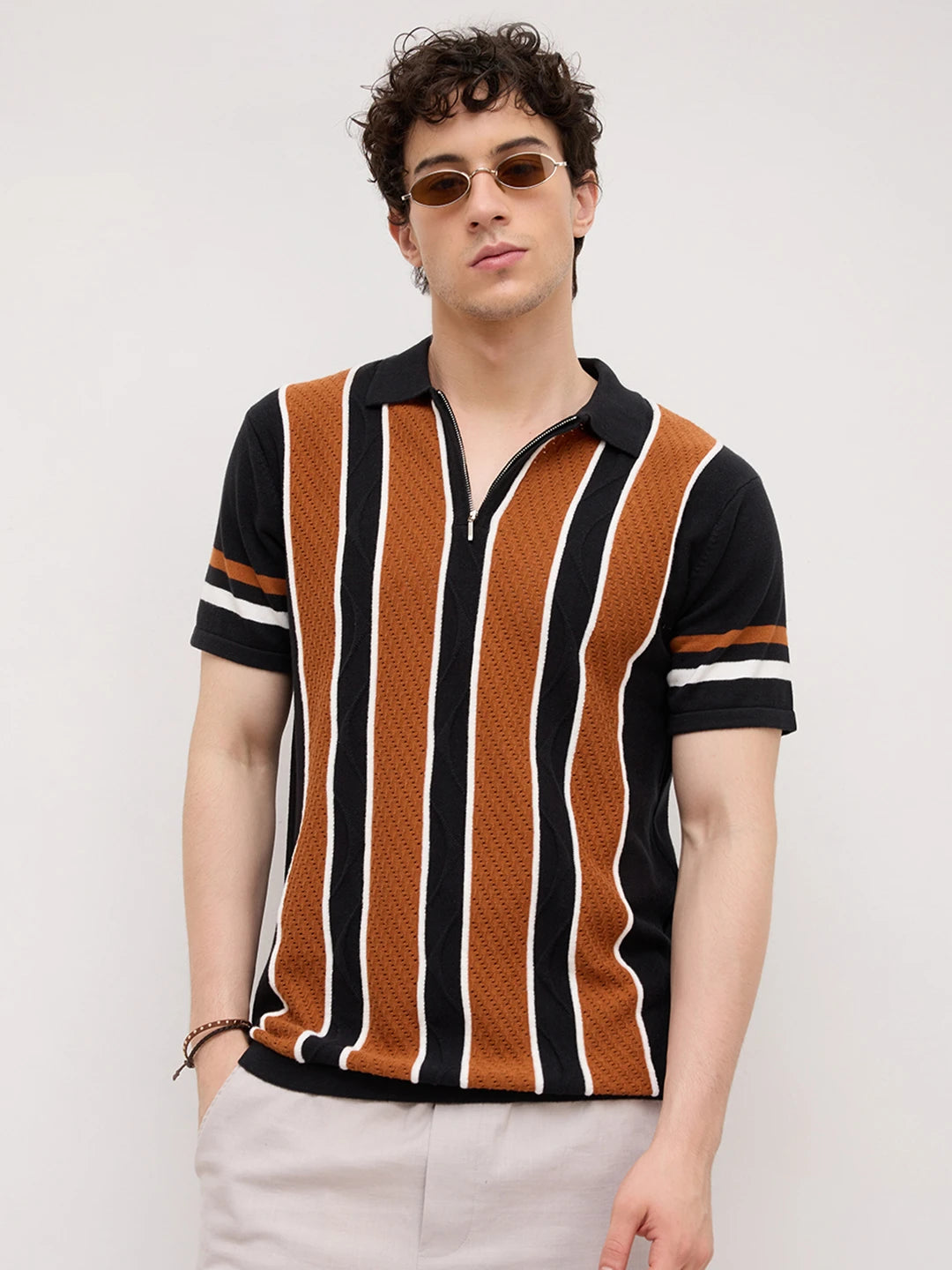 Rust Artisian Panel Striped Polo Zip Flat Knit T-shirt