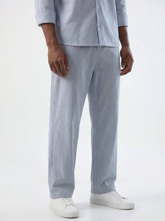 Blue & White Hairline Striped Straight-Fit Trousers
